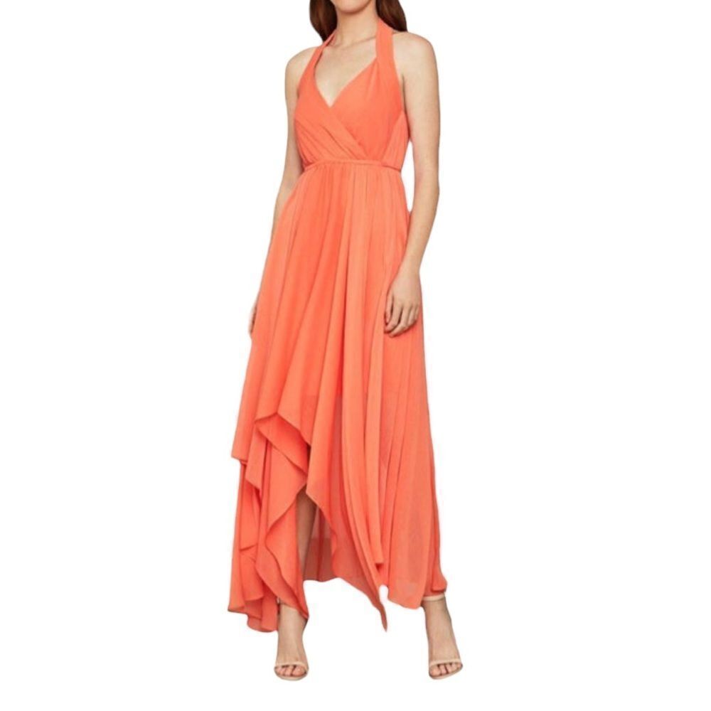 BCBGMAXAZRIA Chiffon Faux Wrap High Low Halter Dress Salmon XXS